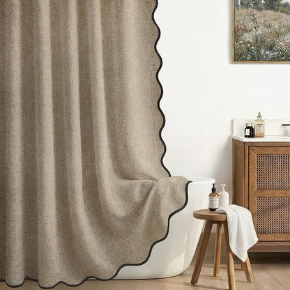 Scalloped Shower Curtain Linen Boho Flax Khaki 72" W x 72" L | Linen Fabric, Black Border, Washable, Heavy Duty Cloth, Shower Curtain for Boho Farmhouse Bathroom Bathtub