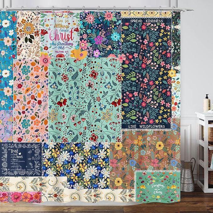 Boho Patchwork Floral Shower Curtain - Vintage Bohemian Colorful Flowers With Inspirational Quotes, Retro Funky Wildflower Hippie Eclectic Pattern, Fabric Waterproof 72"x72"
