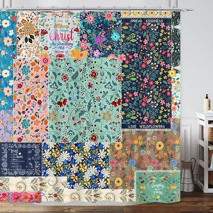 Boho Patchwork Floral Shower Curtain - Vintage Bohemian Colorful Flowers With Inspirational Quotes, Retro Funky Wildflower Hippie Eclectic Pattern, Fabric Waterproof 72"x72"