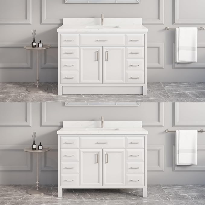 Capri III 48" Single Sink Bathroom Vanity With Stealth Organizer, Solid Wood Bathroom Cabinet with Engineered Stone Countertop & Backspalsh, Soft Closing Door & Drawer, Pre-Assembled, White