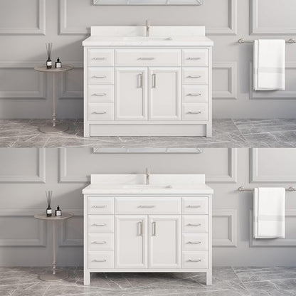 Capri III 48" Single Sink Bathroom Vanity With Stealth Organizer, Solid Wood Bathroom Cabinet with Engineered Stone Countertop & Backspalsh, Soft Closing Door & Drawer, Pre-Assembled, White