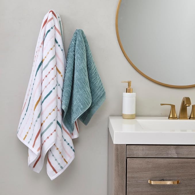 SKL Home CloudSoft/Modesto Stripe Bath Towel Set, 6-Piece, Teal/Multi | 2 Bath towels, 2 hand towels. 2 washcloths. 100% Cotton. 600 GSM. Soft & absorbent jacquard. Premium spa-level quality.