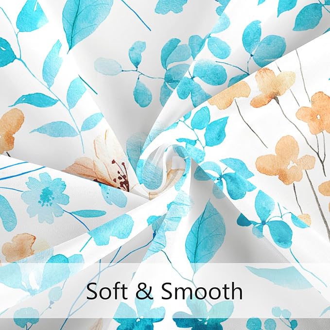 Aqua Blue Floral Shower Curtain, Cute Flower Fabric Shower Curtains for Bathroom, Teal Watercolor Wildflower Butterfly Cloth Shower Curtain Set with Hooks, 72x72