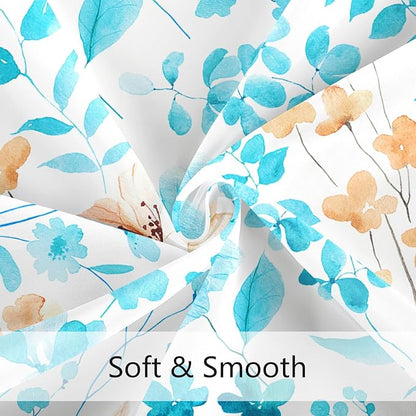 Aqua Blue Floral Shower Curtain, Cute Flower Fabric Shower Curtains for Bathroom, Teal Watercolor Wildflower Butterfly Cloth Shower Curtain Set with Hooks, 72x72