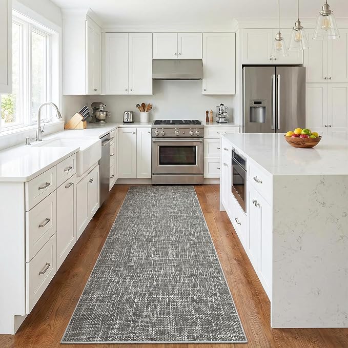 Garvee Indoor Rugs for Entryway 2x6 Solid Color Kitchen Runner Rug, Grey | Washable Modern Textured Non Slip Stain Resistant Non Shedding Low Pile Neutral Soft Rug for Bedroom Hallway Bathroom
