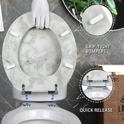 Angel Shield Marble Toilet Seat Durable Molded Wood with Quiet Close,Easy Clean，Quick-Release Hinges (Round,Gray Marble)