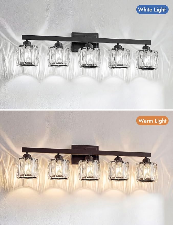 VOLISUN Crystal Vanity Lights for Bathroom, 5 Light Bathroom Vanity Light, Modern Matte Black Bathrooms Light Over Mirror, Black Bathrooms Lights Fixtures-UL Certificated(Exclude Bulb)