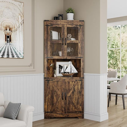 GAOMON Farmhouse Corner Cabinet, Tall Corner Storage Cabinet with Glass Door & Adjustable Shelves, Bathroom Cabinet with Storage for Living Room, Kitchen, Bathroom, Brown