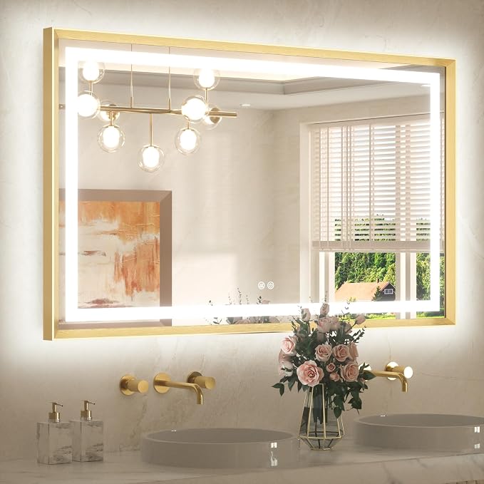 48 x 30 Large Bathroom Mirror Brushed Gold Metal Frame Frontlit & Backlit Vanity Mirror 3 Colors White/Warm/Natural Stepless Dimmable Anti-Fog Bathroom Mirrors for Vanity Wall-Mounted