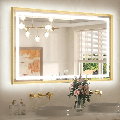 48 x 30 Large Bathroom Mirror Brushed Gold Metal Frame Frontlit & Backlit Vanity Mirror 3 Colors White/Warm/Natural Stepless Dimmable Anti-Fog Bathroom Mirrors for Vanity Wall-Mounted