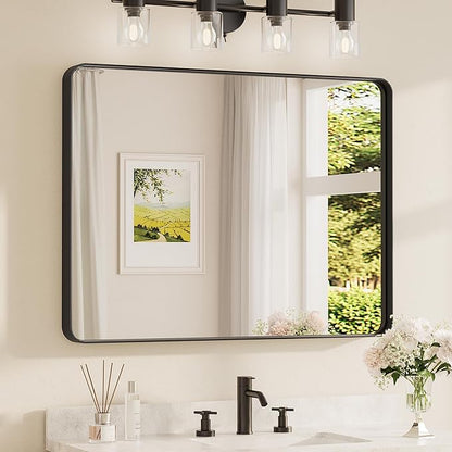 TETOTE 40 x 30 Inch Black Frame Mirror, Bathroom Vanity Mirror for Wall, Modern Rectangle Round Corner Matte Framed Mirror (Horizontal/Vertical)