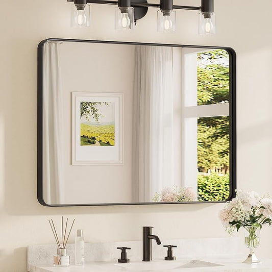 TETOTE 40 x 30 Inch Black Frame Mirror, Bathroom Vanity Mirror for Wall, Modern Rectangle Round Corner Matte Framed Mirror (Horizontal/Vertical)