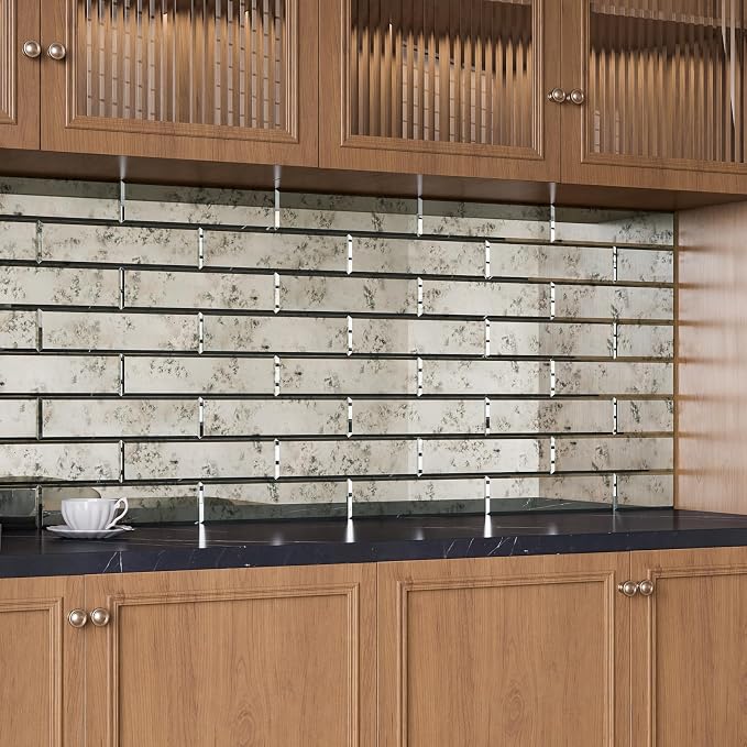 Peel and Stick Beveled Sliver Antique Mirror Tile Subway Mirror Glass Backsplash 3x12 Inch for Kitchen Bathroom Wall