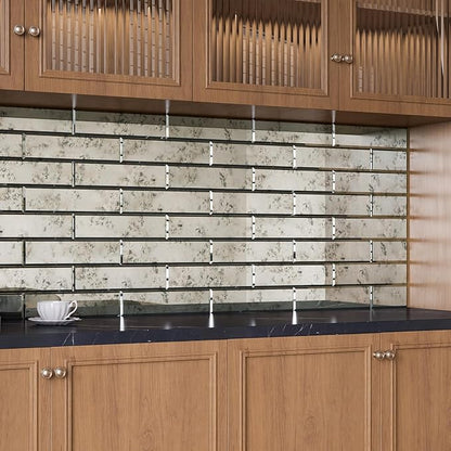 Peel and Stick Beveled Sliver Antique Mirror Tile Subway Mirror Glass Backsplash 3x12 Inch for Kitchen Bathroom Wall