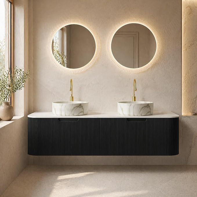 60 Inch Double Sink Bathroom Vanity, Floating Wall Mounted Cabinet, Black Curved Fluted Front, Stone Top, Dual Marble-Look Round Vessel Basins, Pre-Assembled