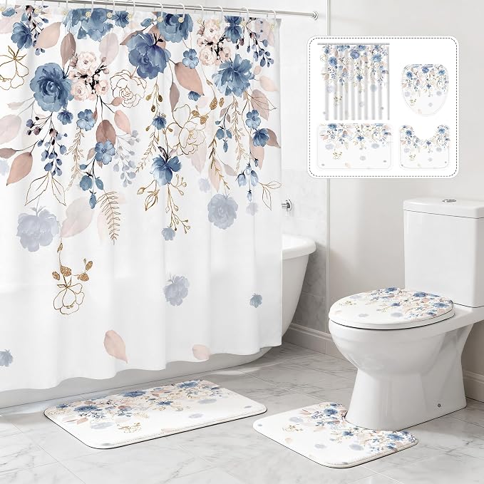 16 Pcs Blue Floral Flower Shower Curtain set, 72Wx72H Inch Watercolor Pastel Plant Complete Bathroom Set Non-Slip Bath Rug Toilet Lid Cover and U Shape Mat Accessories 12 free Hooks Bathoom Decor