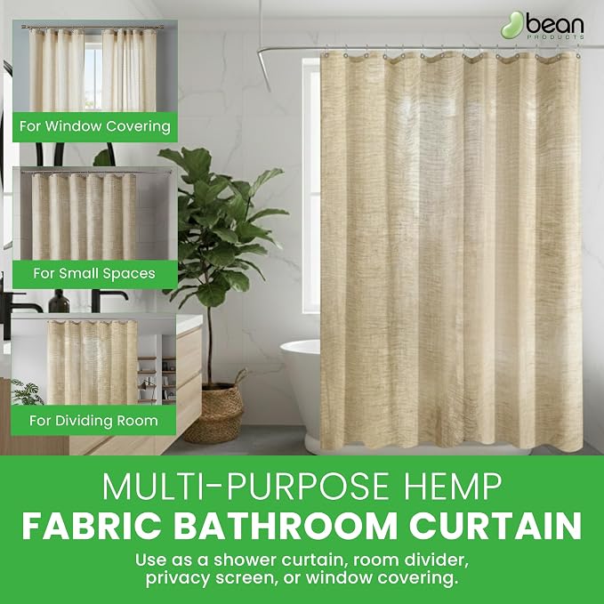 Bean Products Natural Hemp Bathtub Shower Curtain Liner - 70x74 | Non Toxic, Eco Friendly, Mildew Resistant Cloth Shower Cutain Liner - Washable, Quick Dry, Breathable, Odor Free, No Plastic