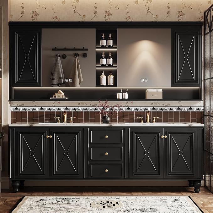 Double Sink Bathroom Vanity, Luxurious Bathroom Vanity with LED Smart Defog Mirror, Solid Freestanding Wood Vanity Sink Cabinet