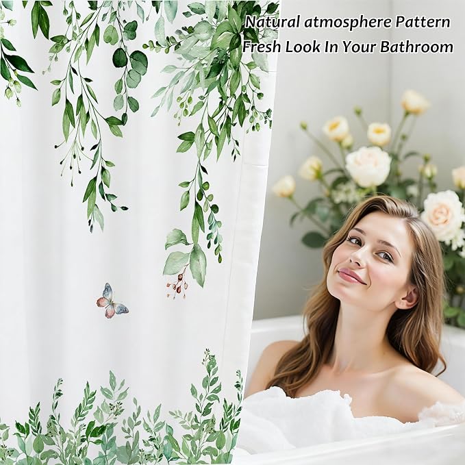 120GSM Green Eucalyptus Shower Curtain with 12PCS Hooks, Watercolor Floral Print Bathroom Décor, Green Botanical Washable Fabric Shower Curtain, 72 x 72 Inch