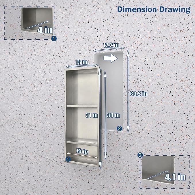 30 x 12 Inch Shower Niche, Brushed Stainless Steel Recessed Wall Niche, No Tile Needed Built-in Shower Shelf, 3-Tier Bathroom Storage Organizer, Waterproof Rustproof