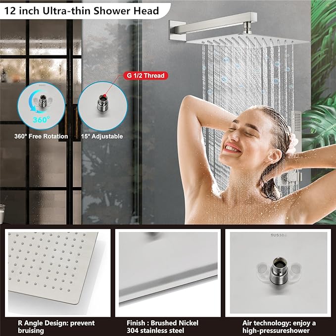 Midanya Shower Faucet Set,Wall Mount Shower System with Square Rain Shower Head and Hand Sprayer, Rough-in Valve Body and Trim Kit Included,12 Inch,Brushed Nickel