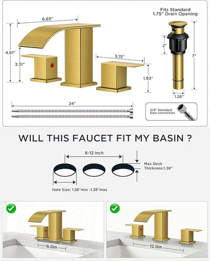 FORIOUS Brushed Gold Bathroom Faucets 3 Hole, Waterfall Square 8 Inch Widespread Bathroom Sink Faucet with Metal Pop-up Drain and Supply Lines, Two Handles for Vanity, Bath, Farmhouse