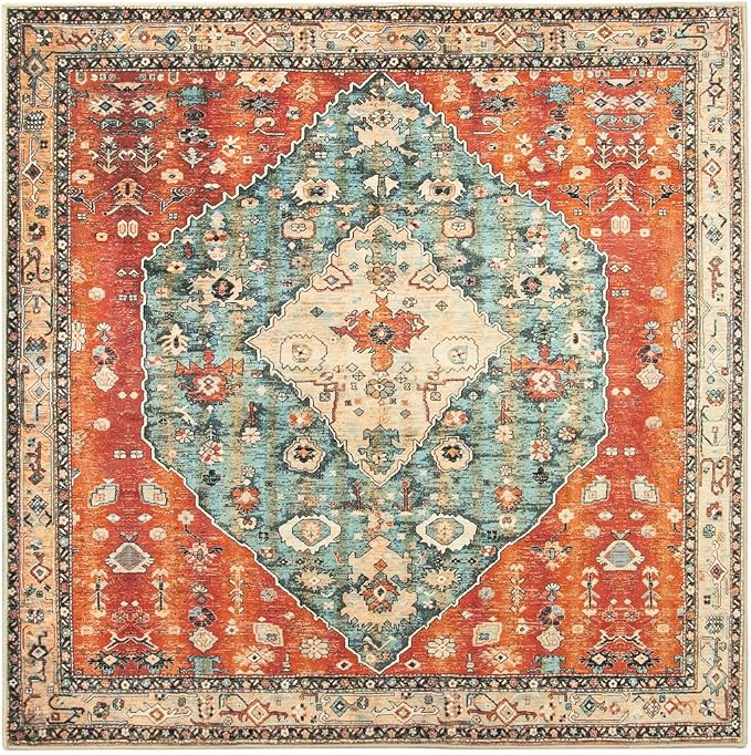 Lahome Felice Boho Tribal Square 4x4 Washable Rug, Soft Living Room Kitchen Entry Rugs with Rubber Backing, Oriental Non-Slip Indoor Throw Bedroom Carpet for Nursery Office (Rust/Dull Teal,4x4ft)
