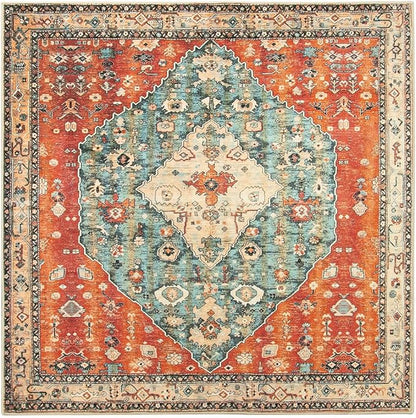 Lahome Felice Boho Tribal Square 4x4 Washable Rug, Soft Living Room Kitchen Entry Rugs with Rubber Backing, Oriental Non-Slip Indoor Throw Bedroom Carpet for Nursery Office (Rust/Dull Teal,4x4ft)