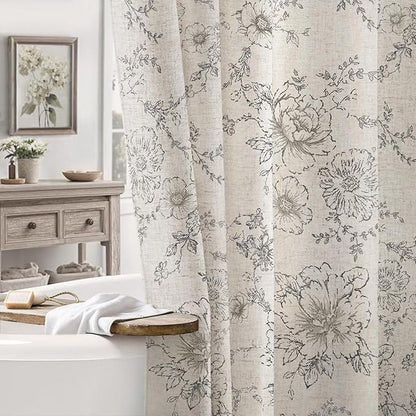 Farmhouse Floral Linen Shower Curtain, Vintage Grey Pattern Rustic Shower Curtains for Bathroom, Tan Taupe,Gray,72x72