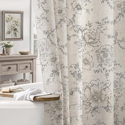 Farmhouse Floral Vintage Shower Curtain for Bathroom, Grey and Tan Taupe | 72" W x 78" L, Elegant Boho Pattern Bath Curtain Linen Fabric