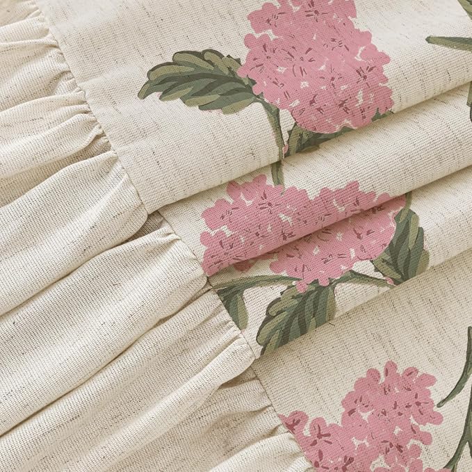 ORTIGIA Linen Textured Ruffle Shower Curtain with Metal Hooks, Vintage Pink Hydrangea Floral Boho Waterproof Bath Curtain for Rustic Farmhouse Bathroom Decor 72x72 Inch