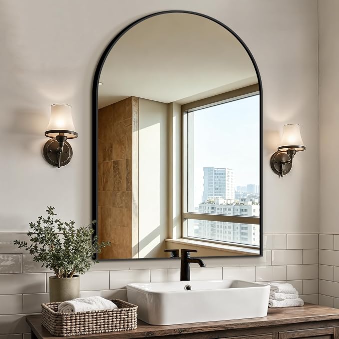 Arched Bathroom Vanity Mirror for Over Sink, 38”x26”, Black | HD Tempered Glass, Anti-Rust Metal Frame, Hanging or Leaning, Wall Mirrors for Bathroom Sink, Bedroom, Living Room, Entryway