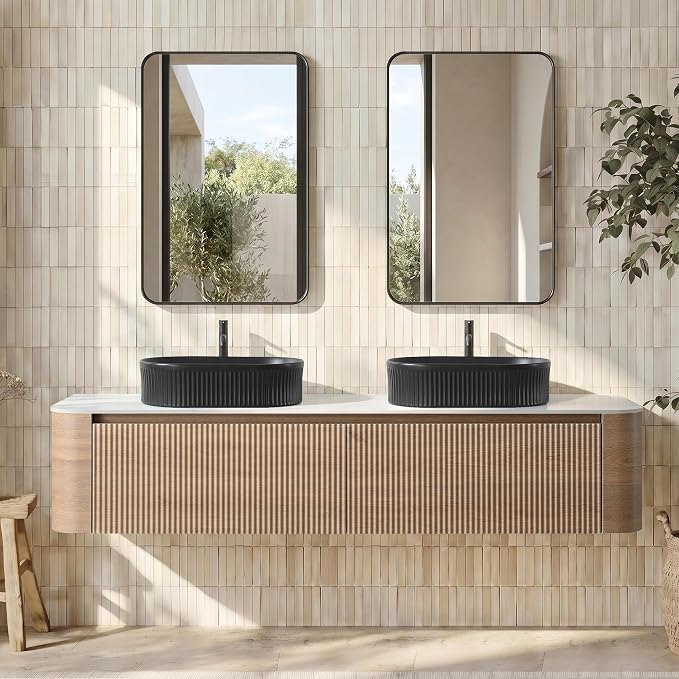 72" Floating Bathroom Vanity with Double Black Sink, Honey Oak | Pre-Assembled Fluted Wall Mounted Vanity with Ceramic Sink, Sintered Stone Countertop, Soft-Close Drawers & Towel Rack