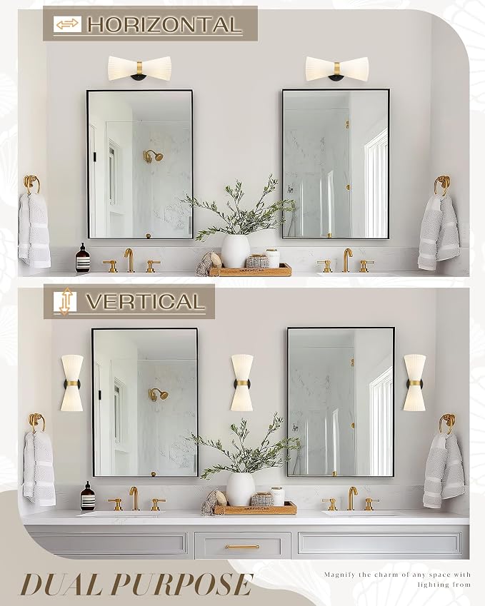 Wall Sconces Set of Two, HWH 14.3 Inch Black and Gold Bathroom Sconces with Frosted Milk White Striped Glass, Up Down Modern Wall Light fixtures for Living Room Bedroom, 5HZG97B-2W-2PK BK+BG