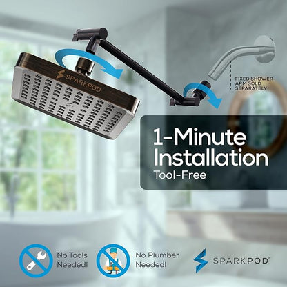 SparkPod 6" Square Rain Shower Head with 11" Shower Arm | Shower Head & Extension Arm Combo, Height Adjustable, High Pressure Performance, Easy 1-Minute Installation,Oil-Rubbed Bronze
