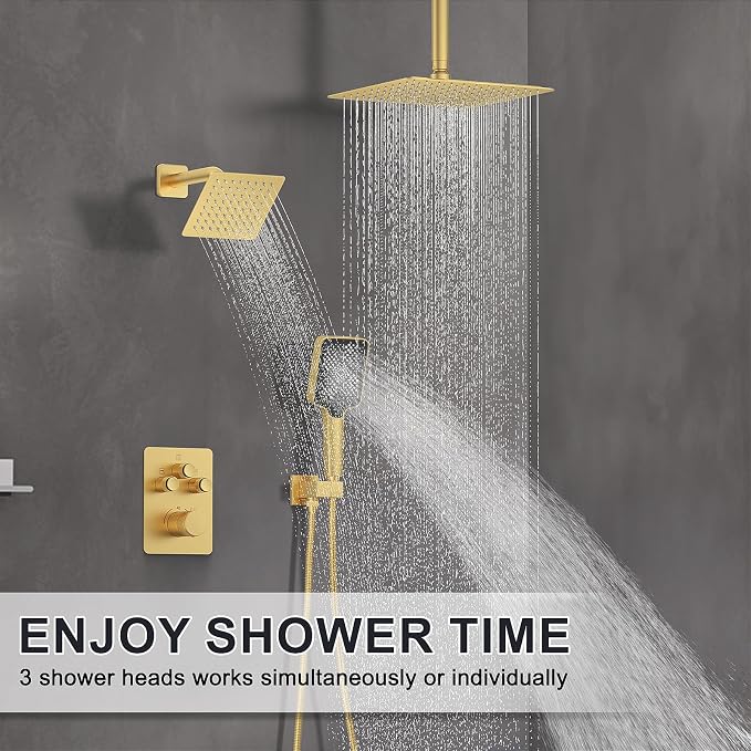 Iriber Thermostatic Shower System with Adjustable Water Flow Push Button Diverter, Square Dual Shower Heads Faucet Set with Handheld Spray, Brushed Gold Shower Mixer Valve Trim Kit (Valve Included)
