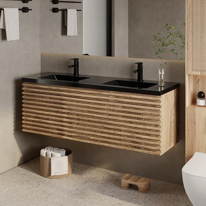 eclife 60" Floating Bathroom Vanity with Sink Combo, Mid-Century Wall Mounted Cabinet with Wood Stripes Decor, Drawers, Undermount Double Black Sink, Faucet, Drain, Light Walnut
