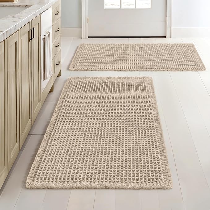 MIULEE Set of 2 Waffle Bathroom Rugs Boho Bath Mat Pale Beige 18x30 Inch | Non Slip, Super Absorbent, Washable, Ultra Soft, Rubber Backed Bath Rugs for Bathroom Floor Tub Shower