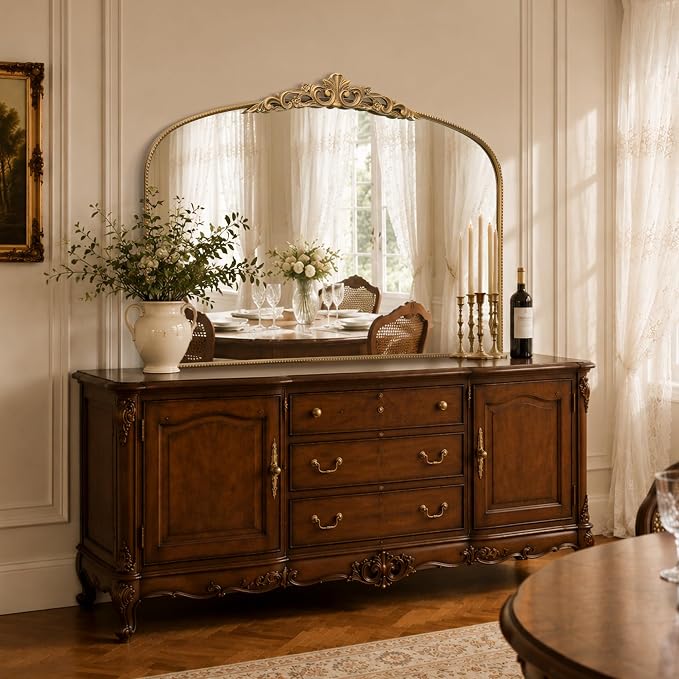 Micasso Oversized Gold Arched Mirror: 55"x36" Baroque Vintage Wall Mirror | French Antique Traditional Ornate Decorative for Entryway/Bedroom/Bathroom/Hallway/Fireplace - Home Decor for Living Room