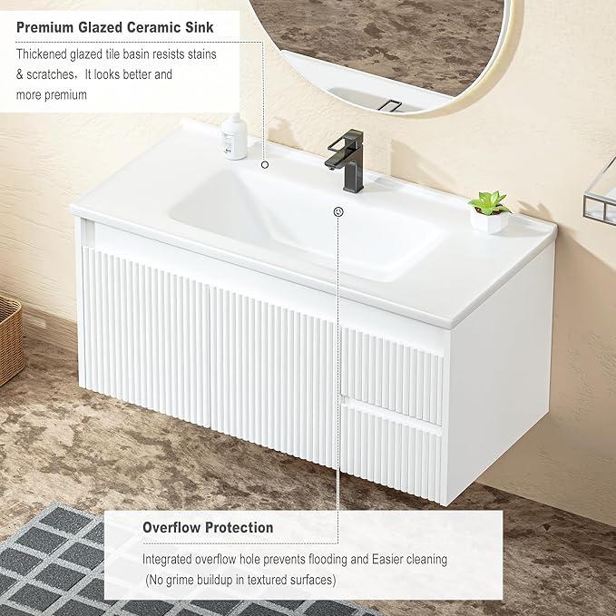 Floating Bathroom Vanity 40 Inch, Wall Mounted Bathroom Vanity with Ceramic Sink and 2 Drawers for Storage, Modern Wave-Carved Design Wooden Sink Cabinet, White