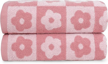2-Pieces Luxury Bath Towels Checkered Floral, Pink Towels for Women Girls | Shower Body Towel 27.5x55 Inches, Bathroom Decor & Pool Days, Cotton
