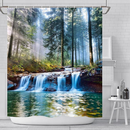 Waterfalls Shower Curtains Outdoor Natural Scenery Forest Sunshine Tree Plant Landscape Courtyard Bathroom Decor Polyester Fabric Curtain Set 60 x 70 Inch with Hooks