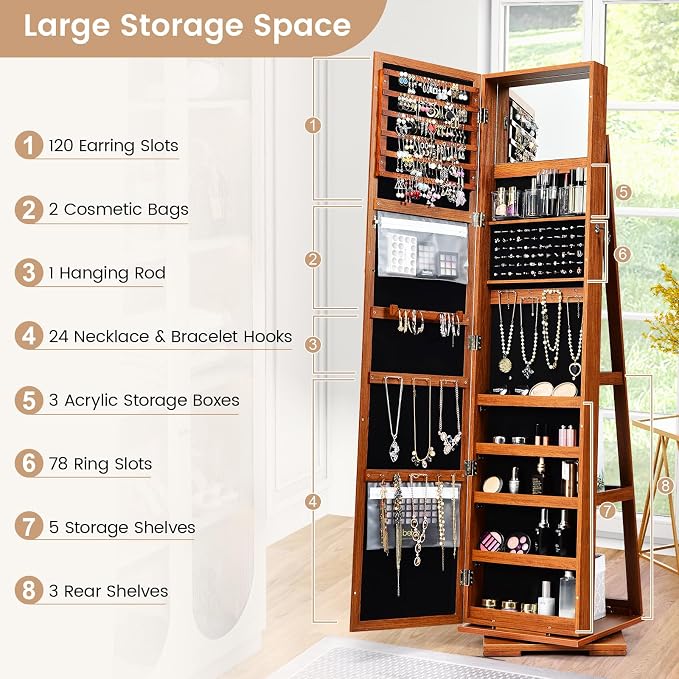 GOFLAME 360° Rotating Jewelry Armoire, Lockable Jewelry Cabinet with Full-Length Mirror & Inner Makeup Mirror, Standing Jewelry Storage Organizer with Rear Storage Shelves, Walnut
