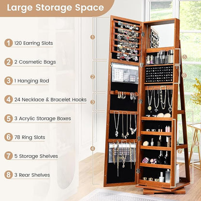 GOFLAME 360° Rotating Jewelry Armoire, Lockable Jewelry Cabinet with Full-Length Mirror & Inner Makeup Mirror, Standing Jewelry Storage Organizer with Rear Storage Shelves, Walnut