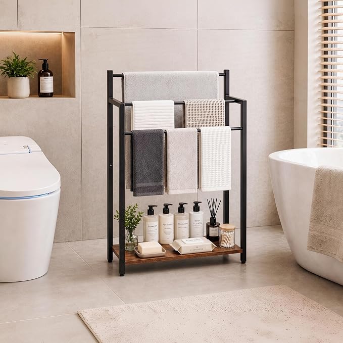 24.8" W Freestanding Towel Rack with Rustic Brown Wood Shelf | 3 Tier Blanket Ladder Stand for Bathroom Living Room, Metal Frame