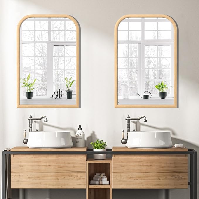 20"x30" Arch Wall Mirror for Wall, Wall Mounted Vanity Mirror for Bedroom, Wood Grain Finish Frame Mirror with Tempered Glass, Vintage Decorative for Bathroom, Entryway, Living Room, Natural
