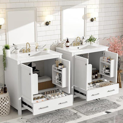 LUMISOL 60" Double Sink Bathroom Vanity, Solid Wood Bathroom Sink Cabinet with 2 Drawers, Storage Racks & 2 Cabinets, Separate 2 Bathroom Vanities with Ceramic Sink, Mirror Not Included, White
