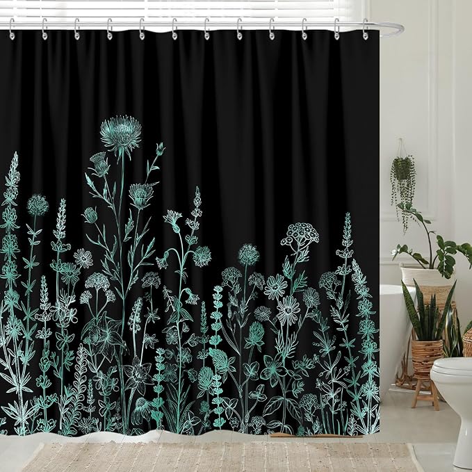 Vintage Black and Teal Boho Shower Curtain, Black Turquoise Floral Aesthetic Dark Wildflower Botanical Flowers Shower Curtain for Bathroom with Hook, Farmhouse Plant Art Chic Shower Curtain 72X72