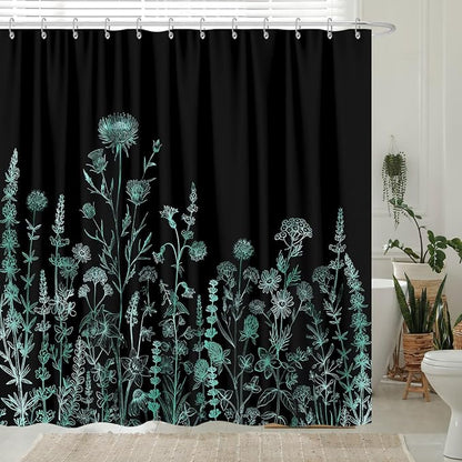 Vintage Black and Teal Boho Shower Curtain, Black Turquoise Floral Aesthetic Dark Wildflower Botanical Flowers Shower Curtain for Bathroom with Hook, Farmhouse Plant Art Chic Shower Curtain 72X72