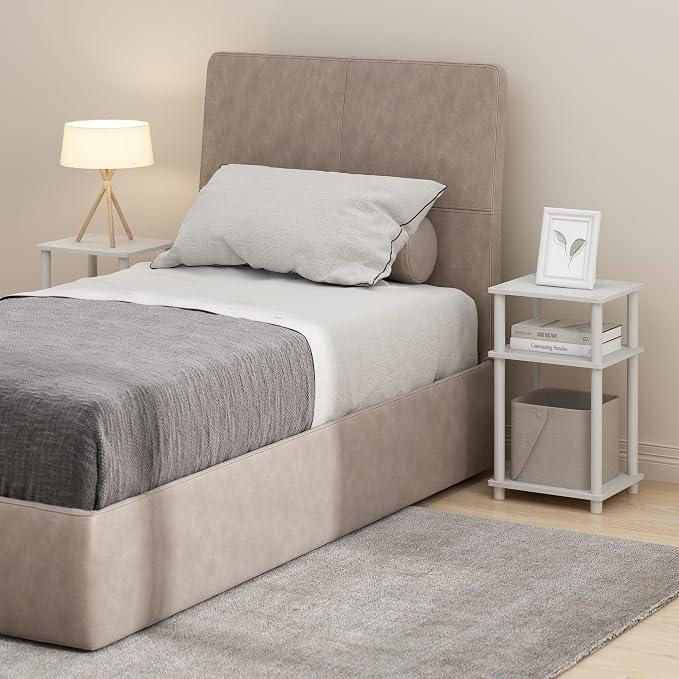 Furinno JUST Night Stand Set of 2, 3-Tier Turn-N-Tube Nightstand, Toolless Bedside Tables, End Table, Side Table with Open Storage for Bedroom, Closet, Dorm, Bathroom, White